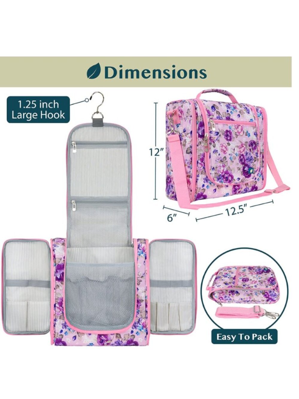 XL Floral Pink Hanging Toiletry & Makeup Travel Organizer NWT - Picture 2 of 5